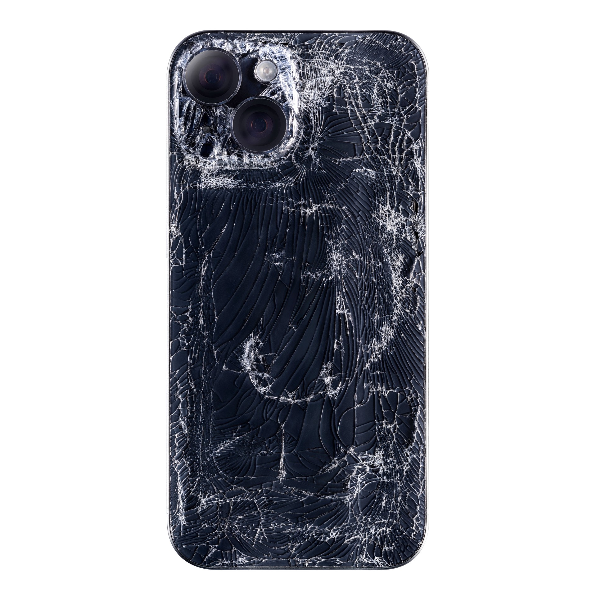 An iphone, a smartphone, with broken glass on the back, has been run over by many cars on the road, resulting in many mesh cracks all over the modern technology black touch screen. Broken glass texture. Working on the clipping path.