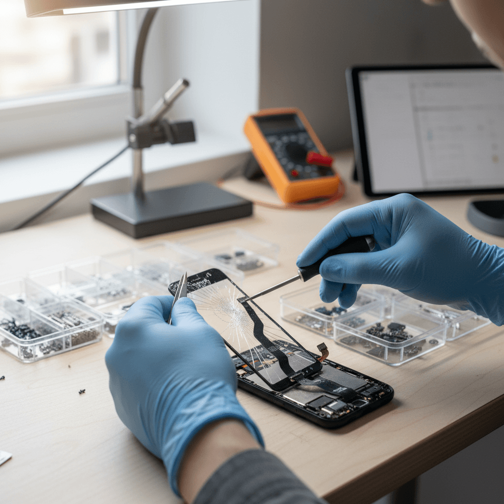 Close-up of a technician repairing a smartphone screen with precision tools