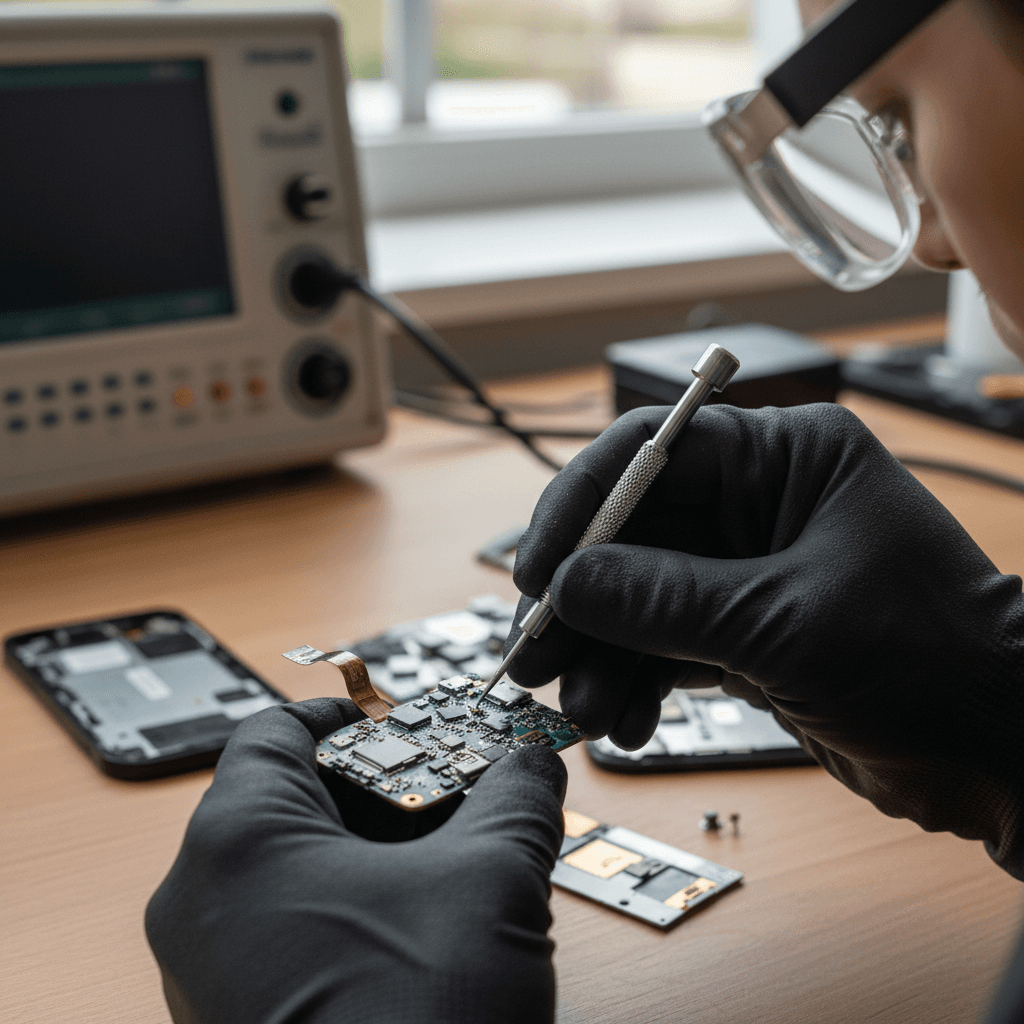 Technician repairing a smartphone in a modern electronics workshop