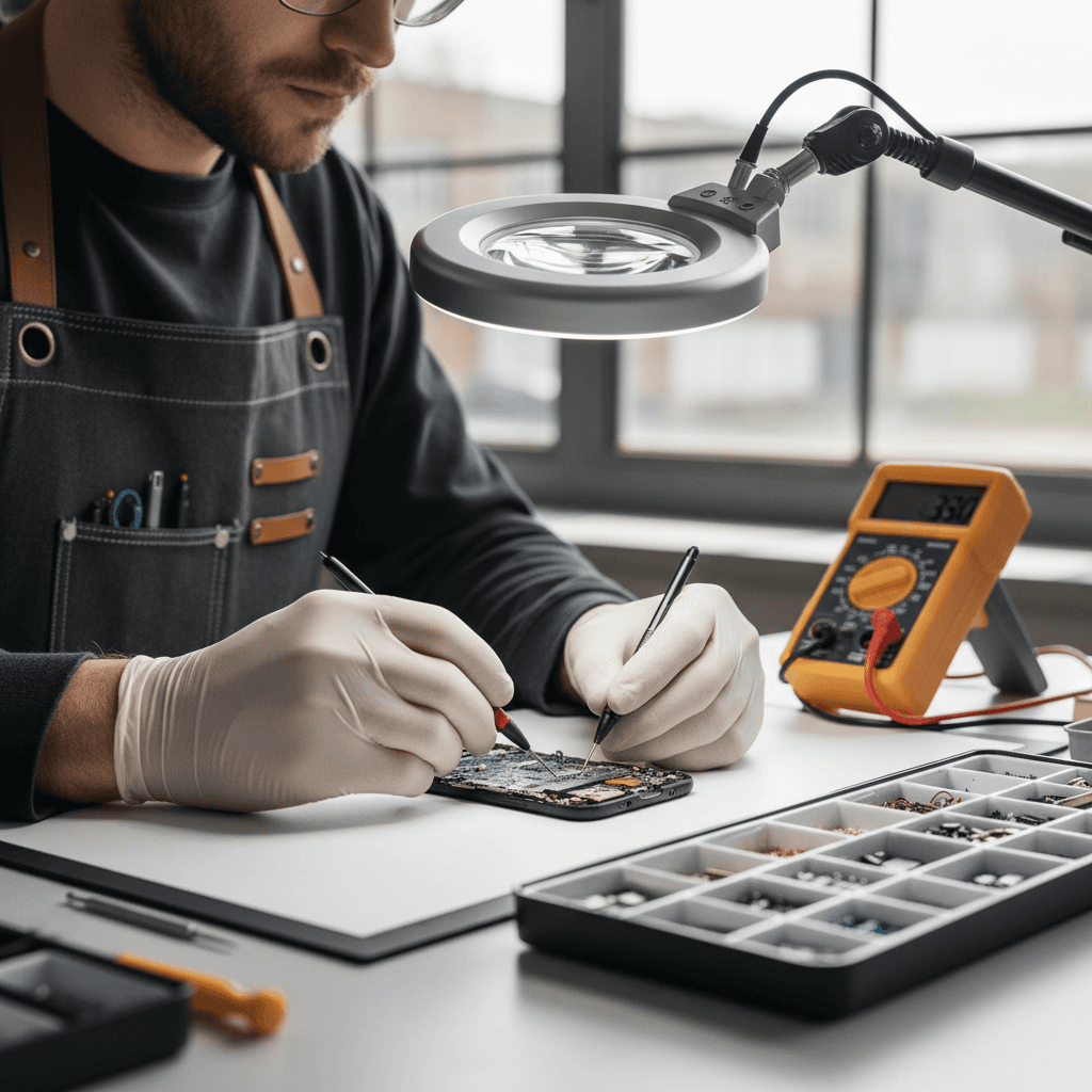Technician repairing a smartphone circuit board in a modern dark repair workshop