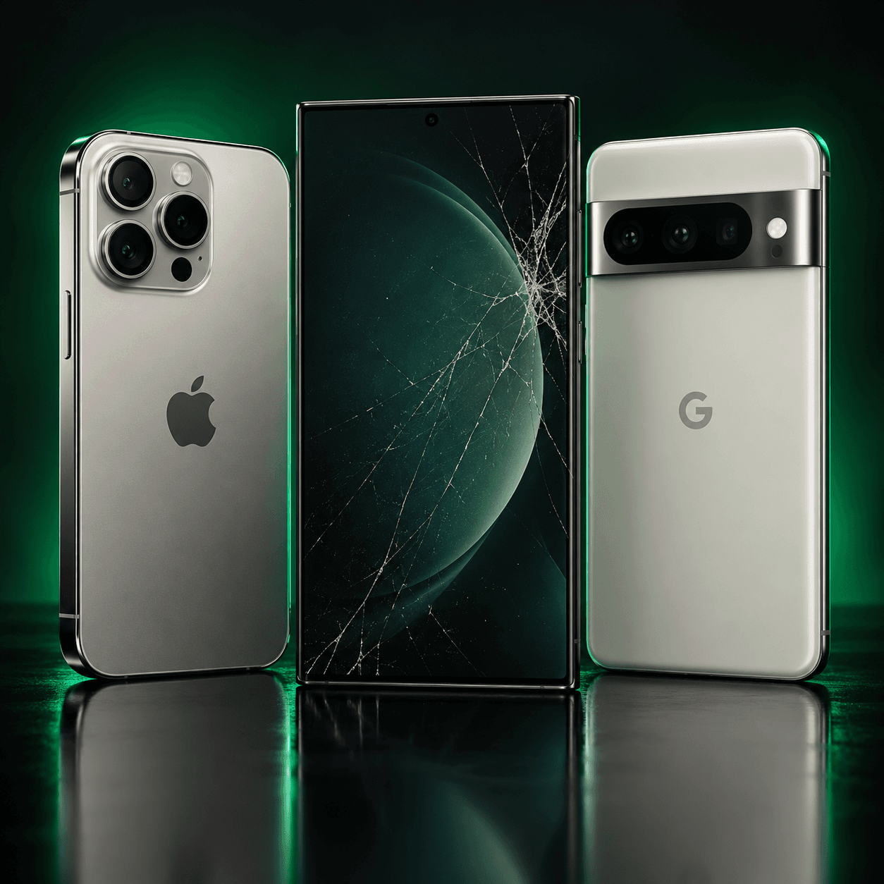 Silver iPhone, Google Pixel, and a smartphone with a cracked screen against a green background.