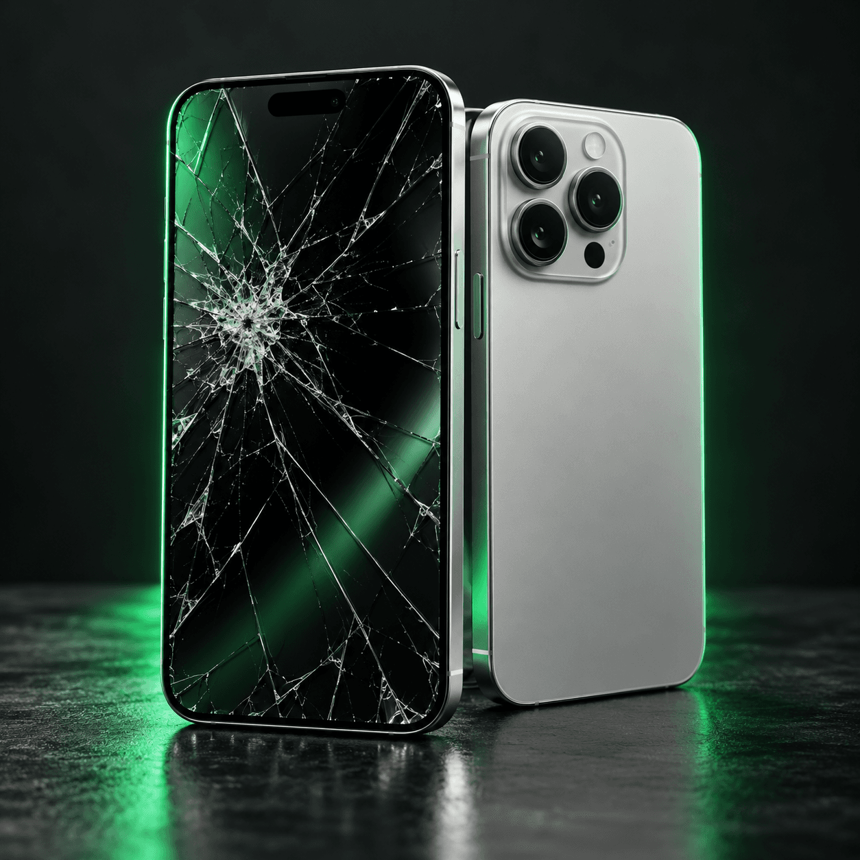 Smartphone with a cracked screen beside a silver phone