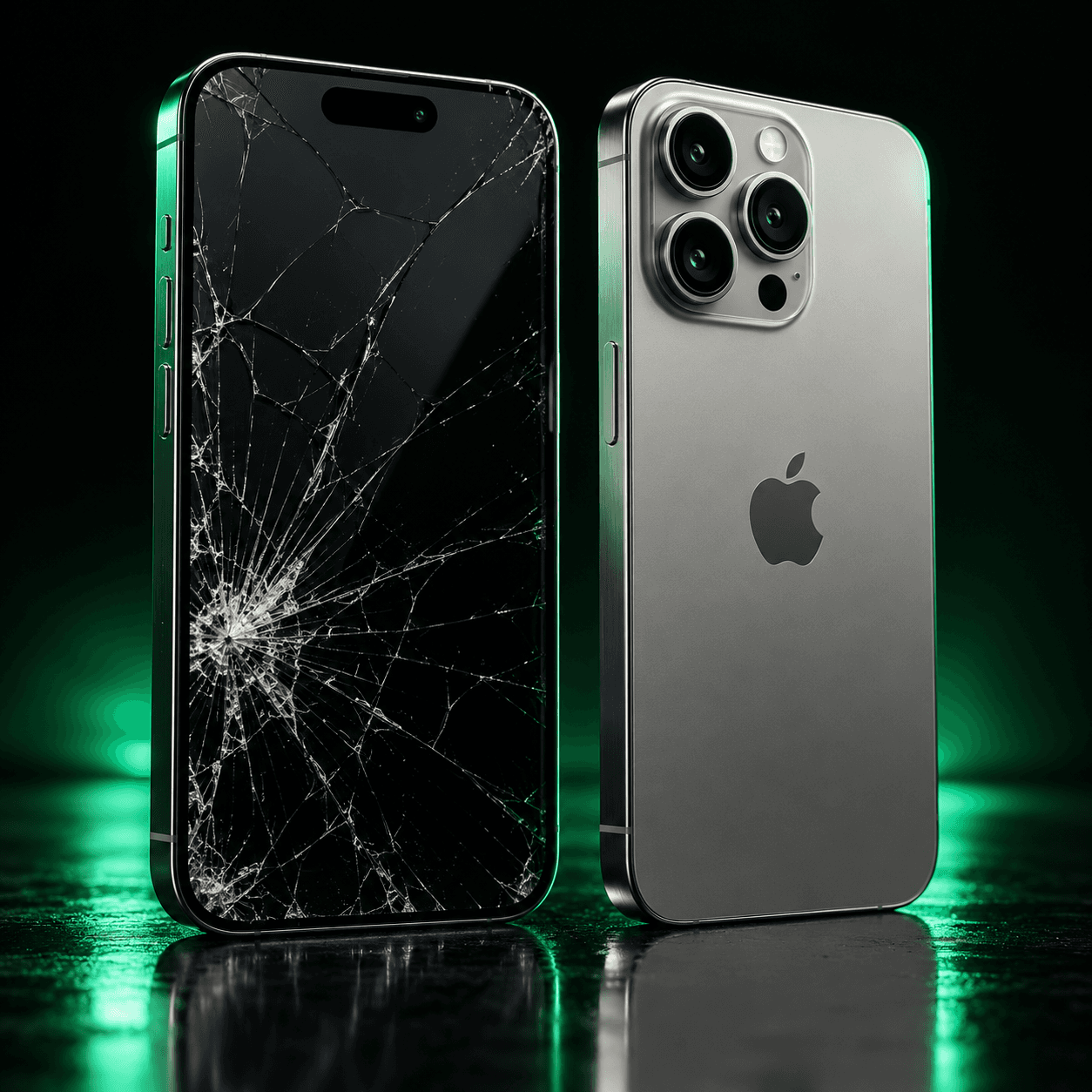 Shattered iPhone screen next to a pristine silver iPhone back on a green reflective surface.